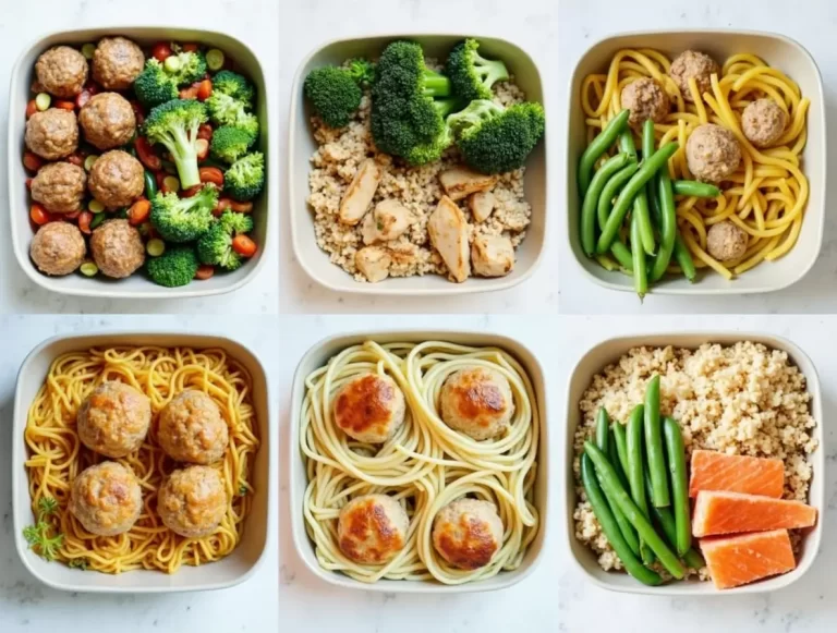 A beautifully arranged plate featuring a high-protein lunch of grilled chicken breast, quinoa, avocado slices, and roasted vegetables, served with a side of lemon wedges for garnish.