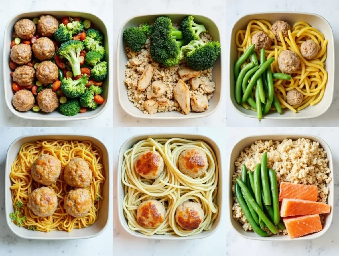 A beautifully arranged plate featuring a high-protein lunch of grilled chicken breast, quinoa, avocado slices, and roasted vegetables, served with a side of lemon wedges for garnish.